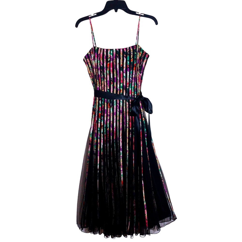 EUC JS Collections Floral Pleated Belt Midi Dress Spaghetti Strap Satin Size 10 - Picture 6 of 15